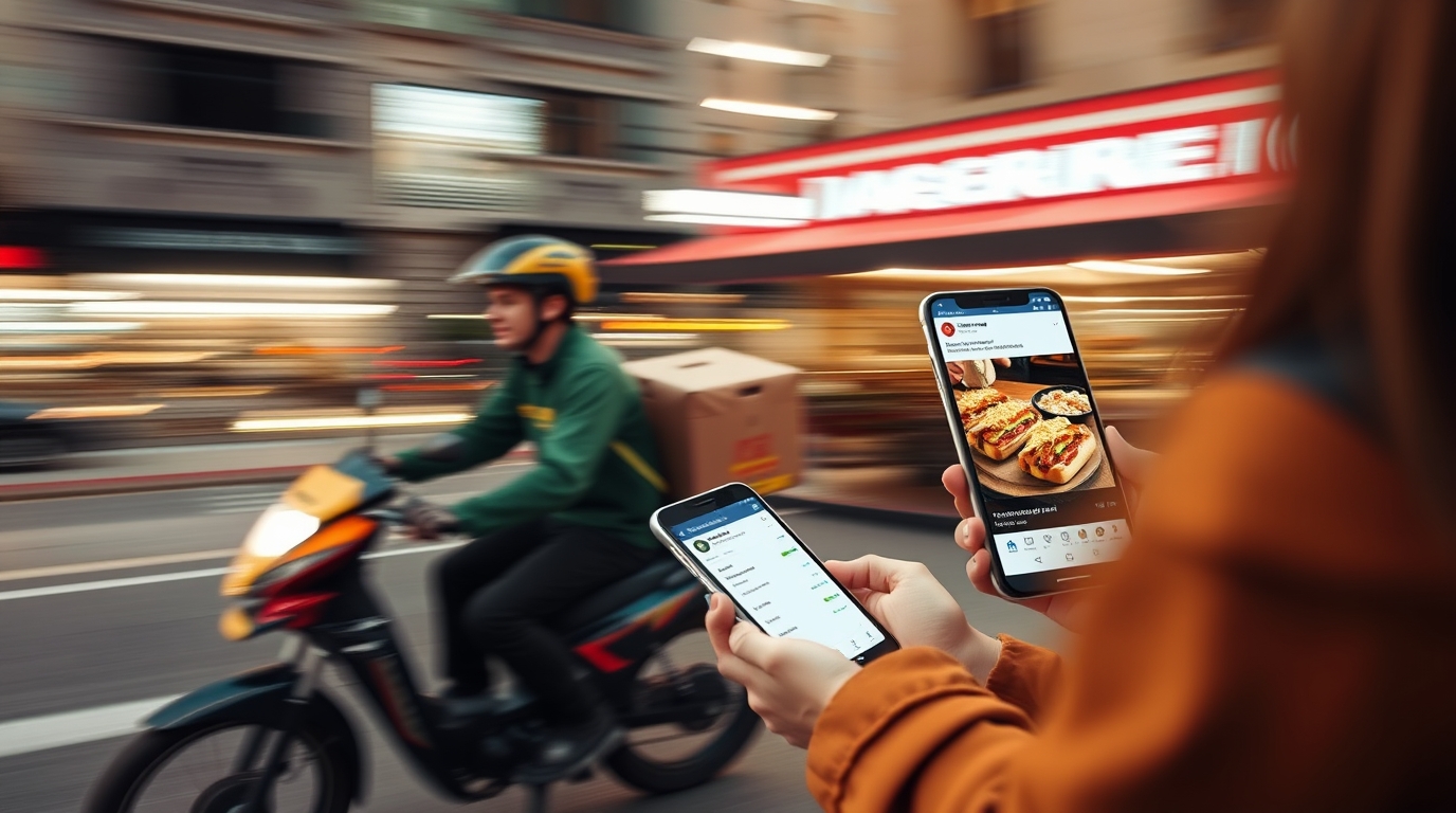 Friends looking at facebook ads for restaurants while walking on the street. Friends looking at facebook ads for restaurants while walking on the street.