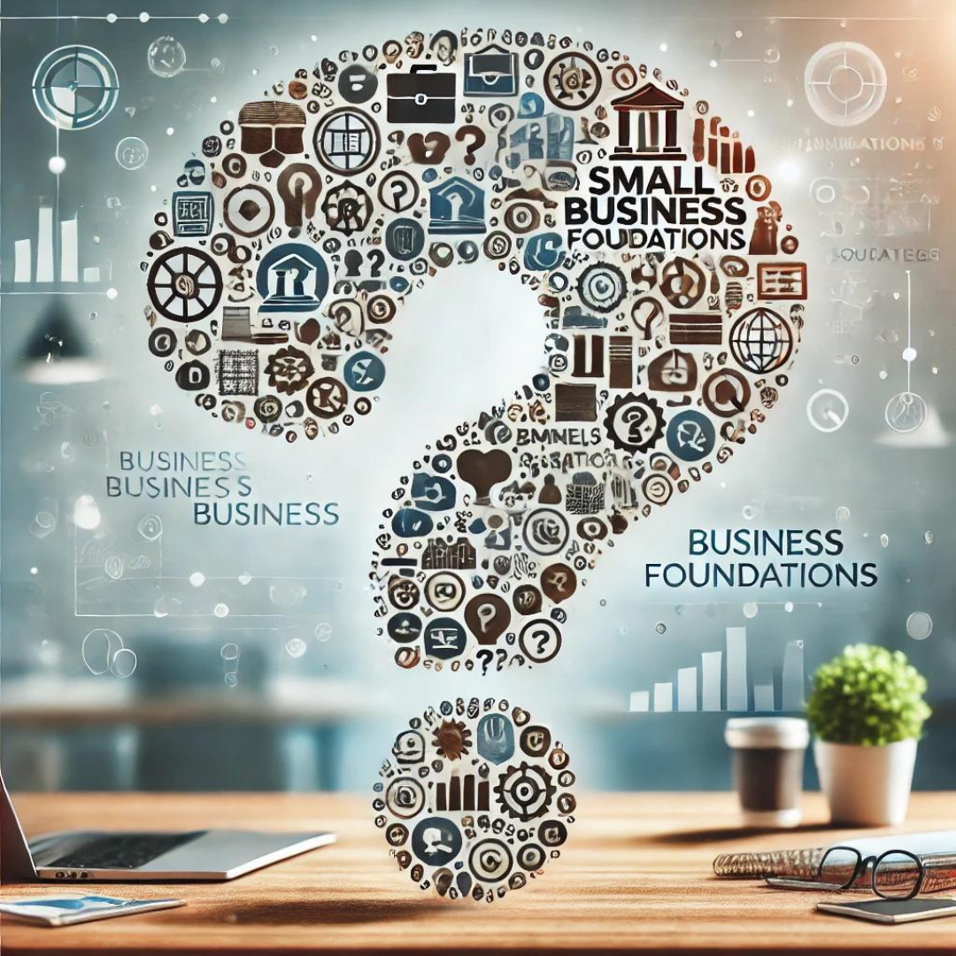 An image of a question mark made up of various small business-related icons, symbolizing the common questions entrepreneurs have about business foundations. An image of a question mark made up of various small business-related icons, symbolizing the common questions entrepreneurs have about business foundations.