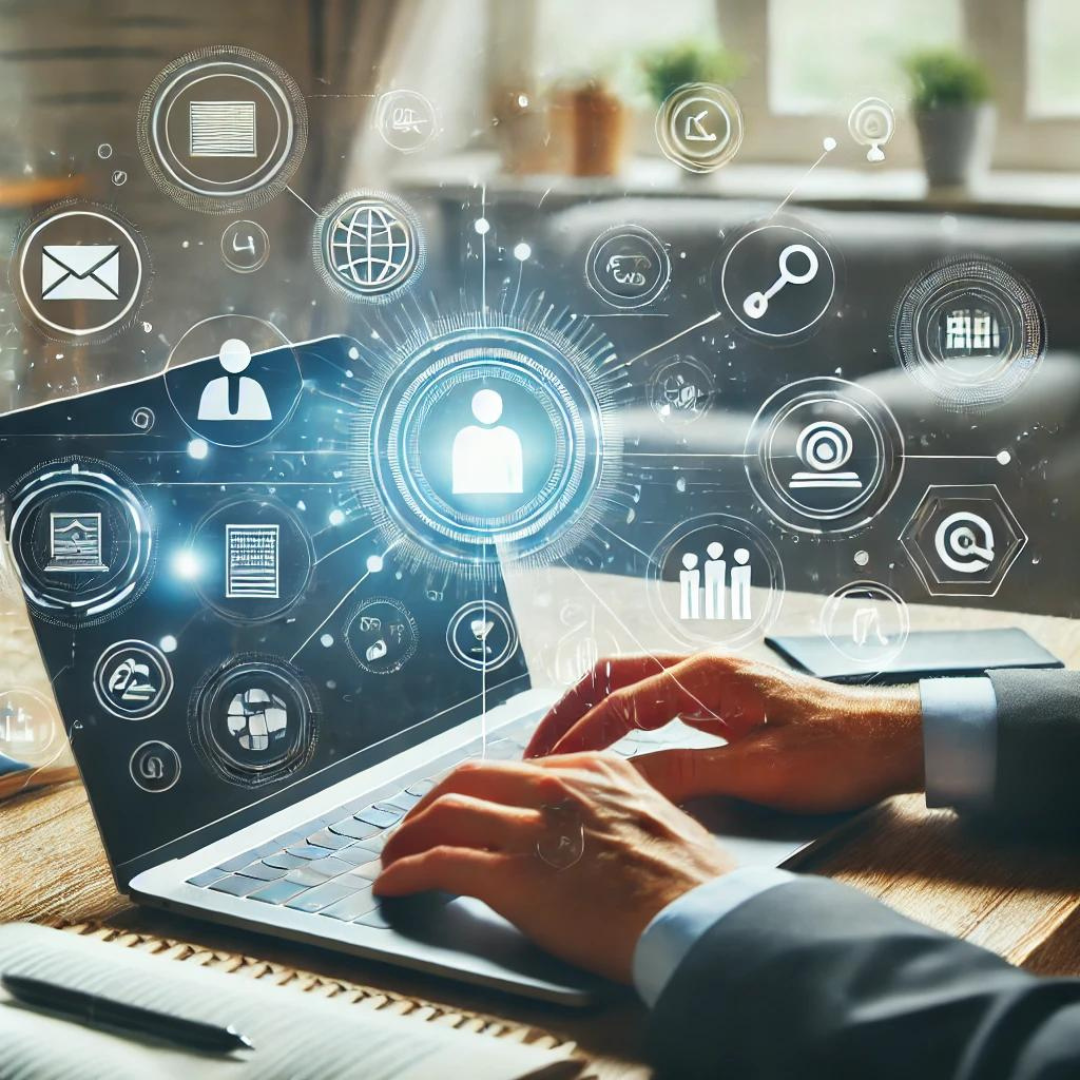 An image of a person using a laptop to access an online course, with business-related icons surrounding the screen, symbolizing learning and growth. An image of a person using a laptop to access an online course, with business-related icons surrounding the screen, symbolizing learning and growth.