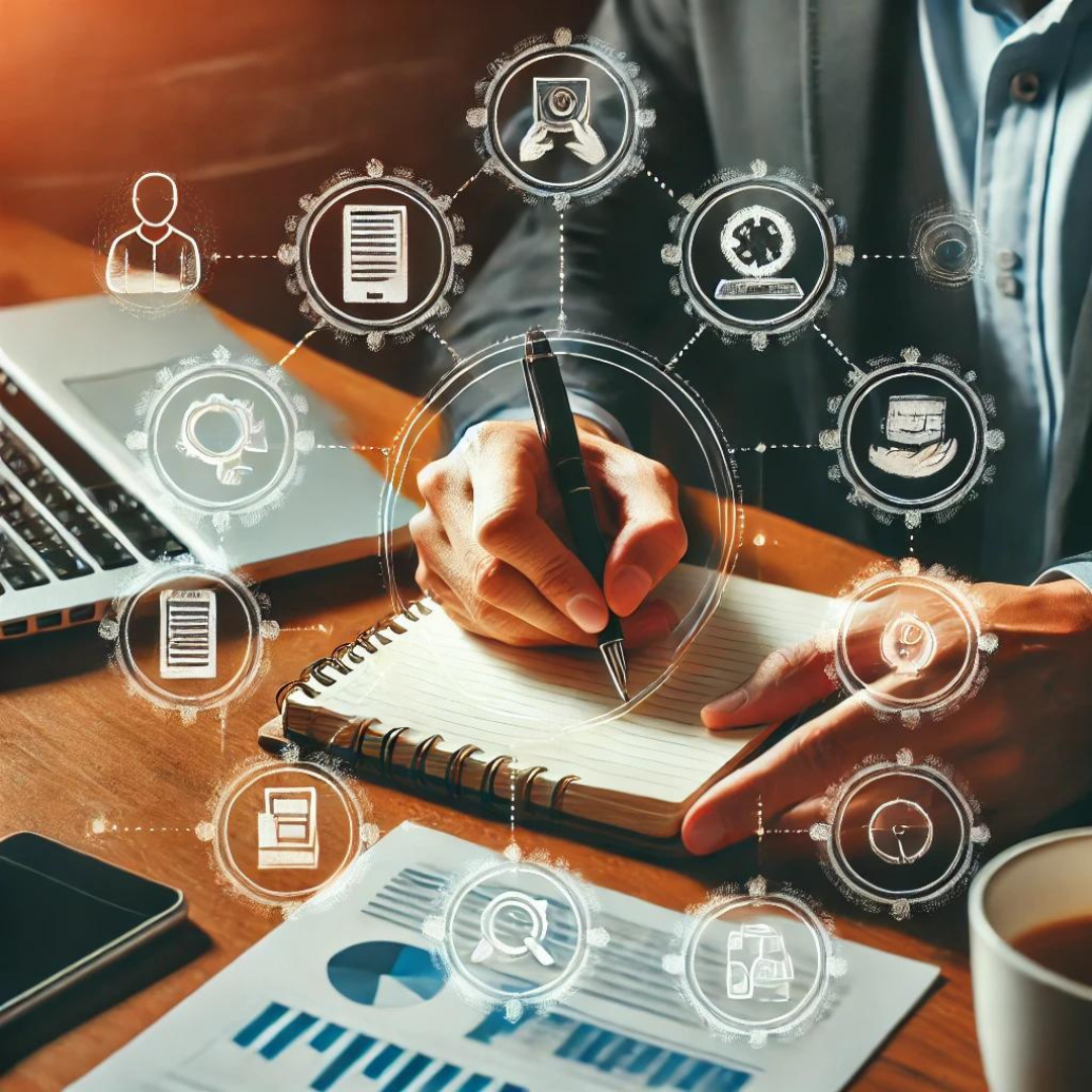 An image of a person writing on a notepad with business-related icons around them, symbolizing planning and strategic thinking for business growth. An image of a person writing on a notepad with business-related icons around them, symbolizing planning and strategic thinking for business growth.