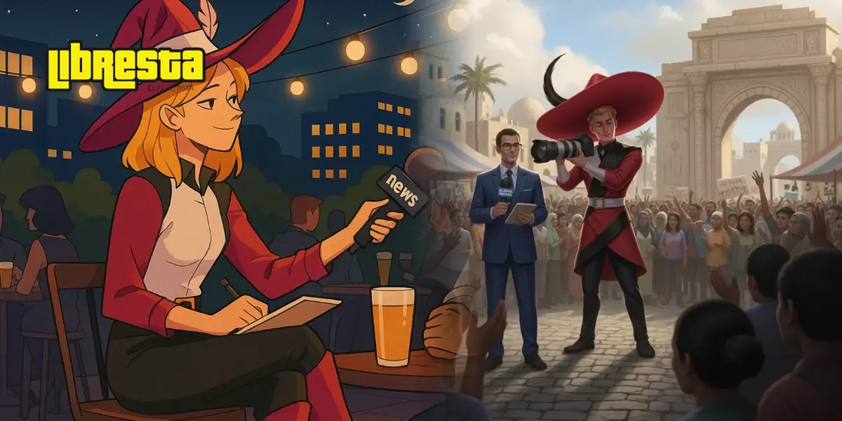 Ilustración de periodistas y fotógrafos cubriendo noticias y entrevistas en espacios públicos, representando la labor del periodismo y la libertad de expresión. Ilustración de periodistas y fotógrafos cubriendo noticias y entrevistas en espacios públicos, representando la labor del periodismo y la libertad de expresión.