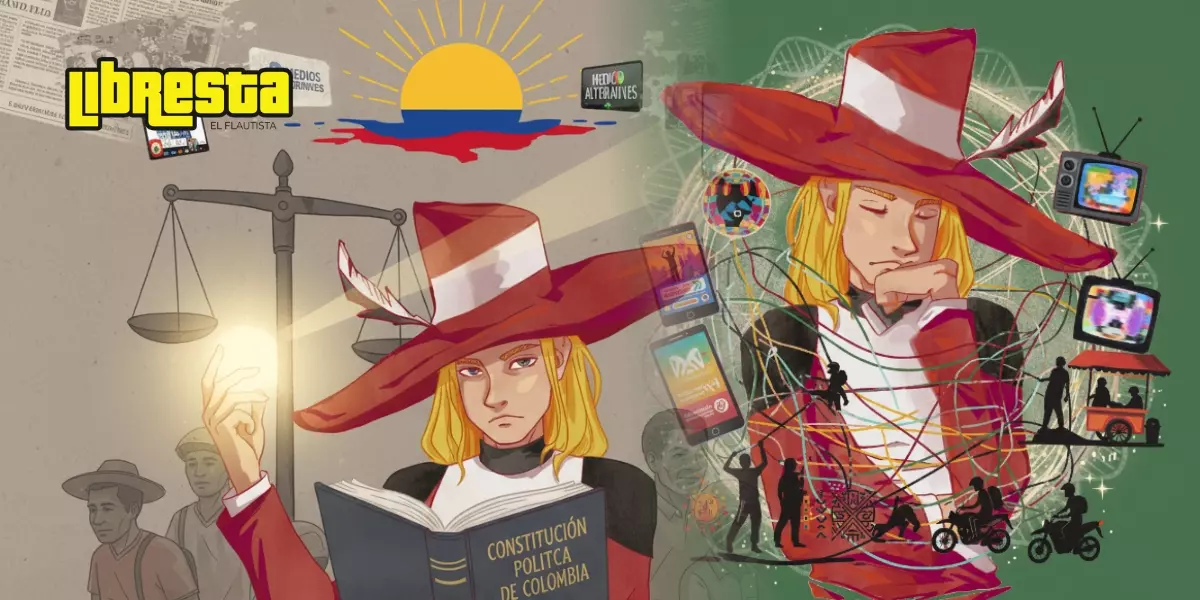 Ilustración que representa la defensa legal de poblaciones vulnerables en Colombia, con símbolos de justicia, la Constitución, vendedores informales, mototaxistas y medios alternativos; relacionada con el trabajo de Augusto Ocampo en causas sociales y derechos humanos