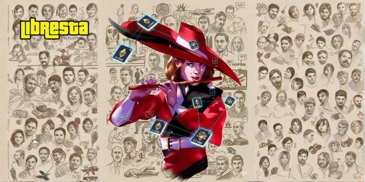 Ilustración de artista tocando flauta, rodeado de rostros y elementos digitales, que representa la serie de NFT y los alias en el arte digital colombiano, conectando blockchain, criptoarte y crítica social.