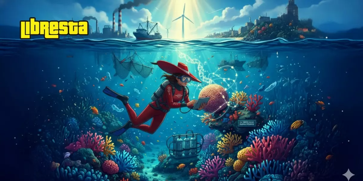 Investigadora buceando junto a un arrecife de coral, rodeada de coloridos corales y vida marina, con fondo de ciudad, barcos y turbinas eólicas; conservación marina, biología y cambio climático.