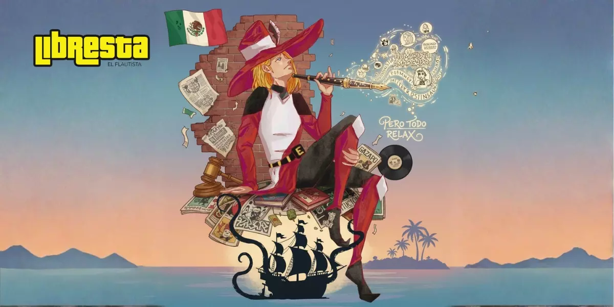Ilustración de escritor mexicano sentado con sombrero, papeles, libro, vinilo, mazo y bandera de México, que representa sátira política, literatura y activismo cultural en Chetumal.