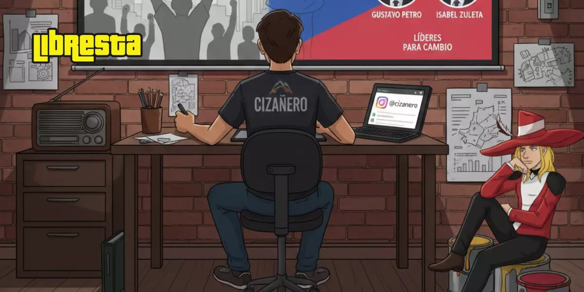 Ilustración de Cizañero, artista colombiano, dibujando en su estudio con la marca Libresta y un afiche político de Gustavo Petro en la pared. Ilustración de Cizañero, artista colombiano, dibujando en su estudio con la marca Libresta y un afiche político de Gustavo Petro en la pared.