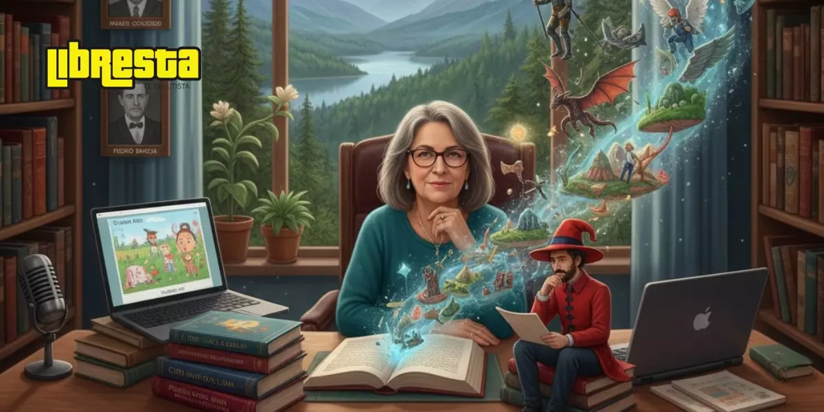 Ilustración de Andrea V. Luna, escritora argentina, leyendo en su escritorio mientras mundos fantásticos salen del libro, rodeada de libros y tecnología en Libresta.