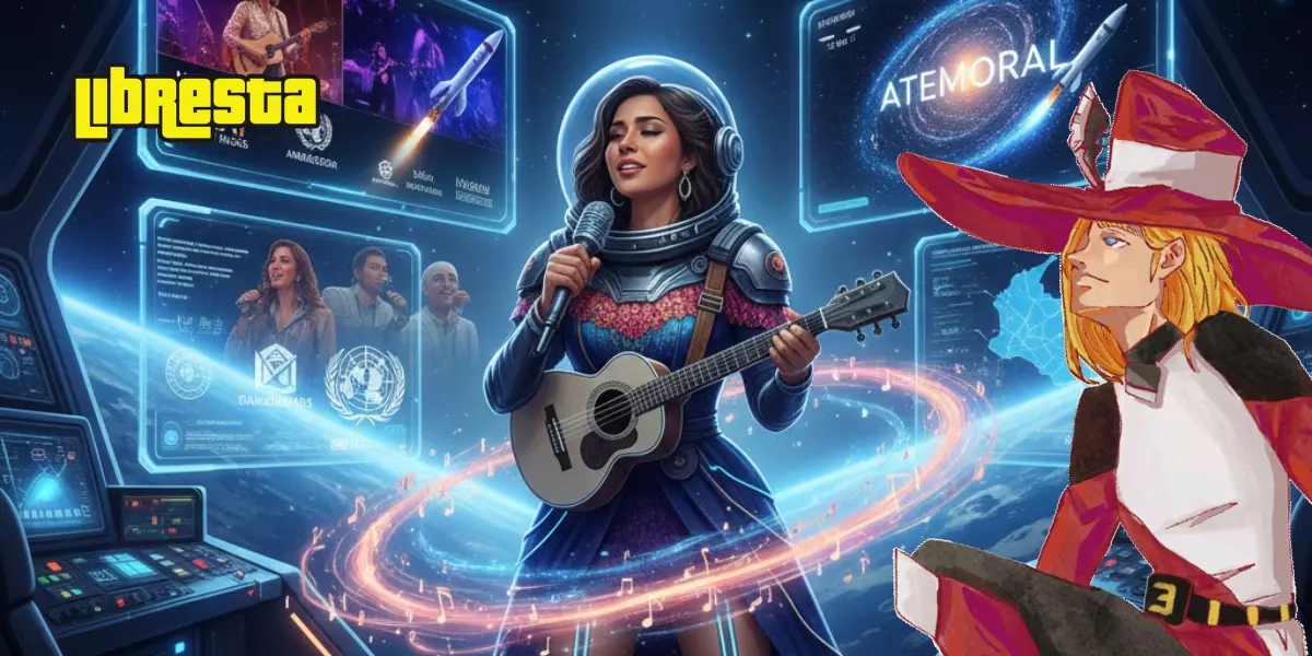 Ilustración de Diana Aponte, cantante y astronauta en formación, tocando guitarra en una cabina espacial con pantallas futuristas y el concepto Atemporal en Libresta.