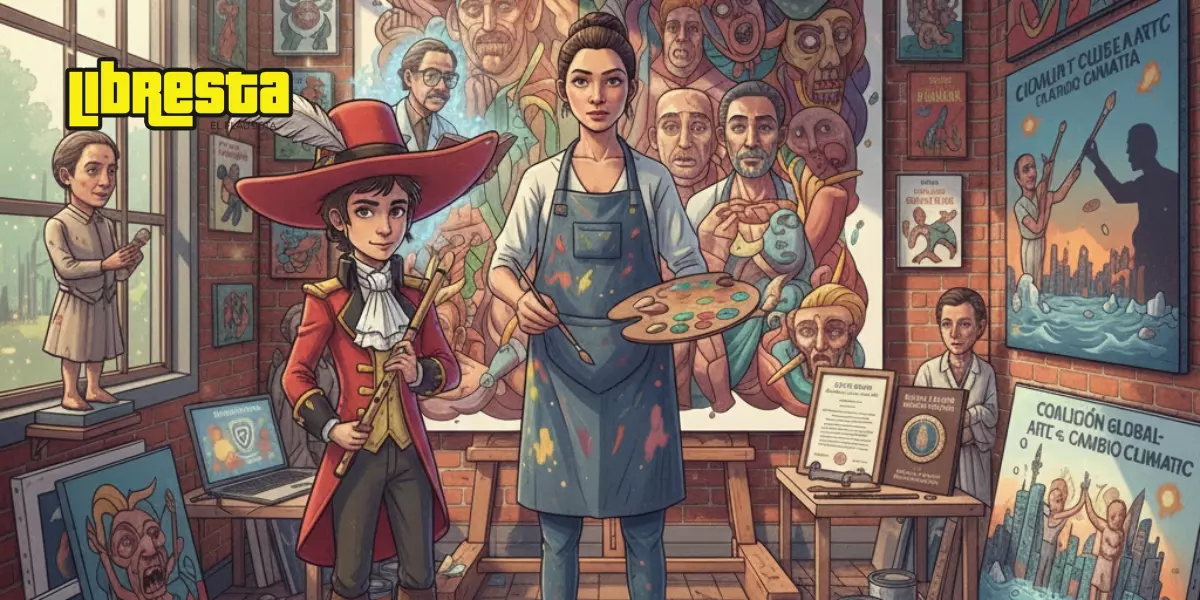 Ilustración de Tolentino en su taller, pintando un gran mural rodeado de cuadros sobre cambio climático y coalición global de arte, junto al personaje de Libresta. Ilustración de Tolentino en su taller, pintando un gran mural rodeado de cuadros sobre cambio climático y coalición global de arte, junto al personaje de Libresta.