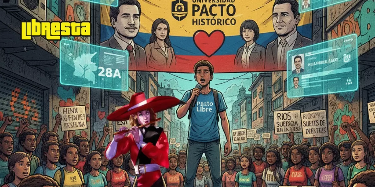 Ilustración de Carlos Peña liderando una marcha en Cali con camiseta Pacto Libre, banderas del Pacto Histórico y multitud de jóvenes manifestándose junto al personaje de Libresta.