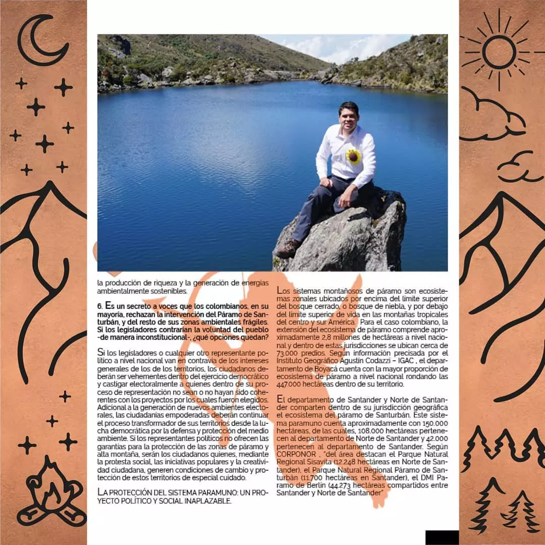 Fotografía de Fabián Díaz sentado sobre una roca frente a una laguna de páramo en las montañas de Santander simbolizando la defensa de Santurbán y los ecosistemas de alta montaña Fotografía de Fabián Díaz sentado sobre una roca frente a una laguna de páramo en las montañas de Santander simbolizando la defensa de Santurbán y los ecosistemas de alta montaña