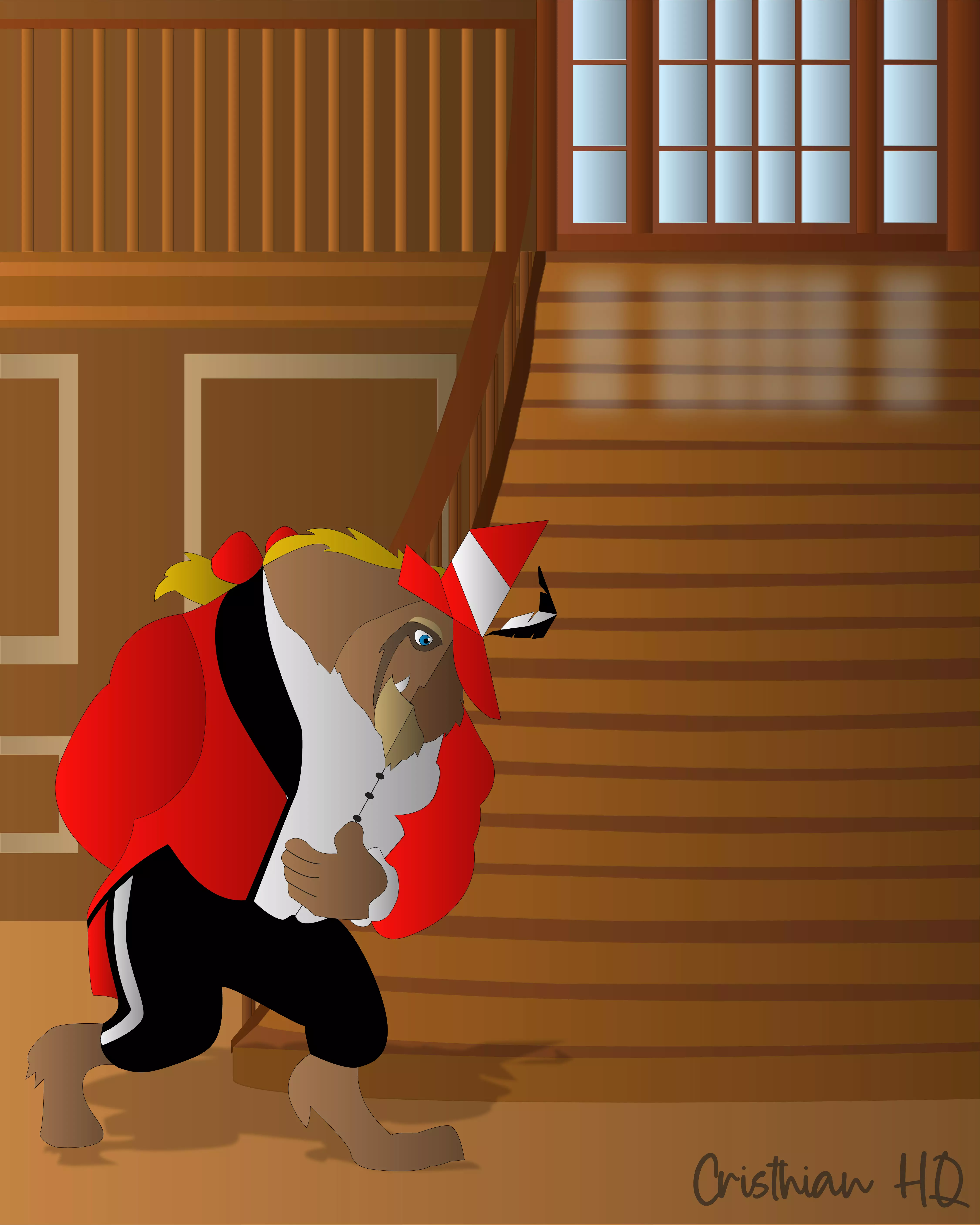 Ilustración digital de un personaje tipo bestia vestido con traje rojo y sombrero del Flautista caminando cabizbajo dentro de una casa de madera Ilustración digital de un personaje tipo bestia vestido con traje rojo y sombrero del Flautista caminando cabizbajo dentro de una casa de madera