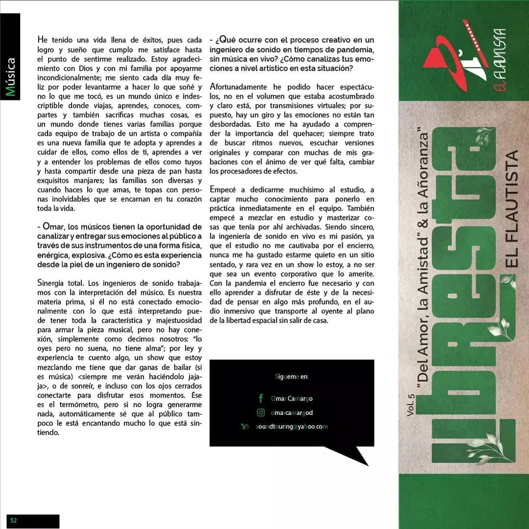Página de cierre del artículo de Omar Camargo con texto sobre su vida como ingeniero de sonido en vivo y el impacto de la pandemia en su proceso creativo Página de cierre del artículo de Omar Camargo con texto sobre su vida como ingeniero de sonido en vivo y el impacto de la pandemia en su proceso creativo