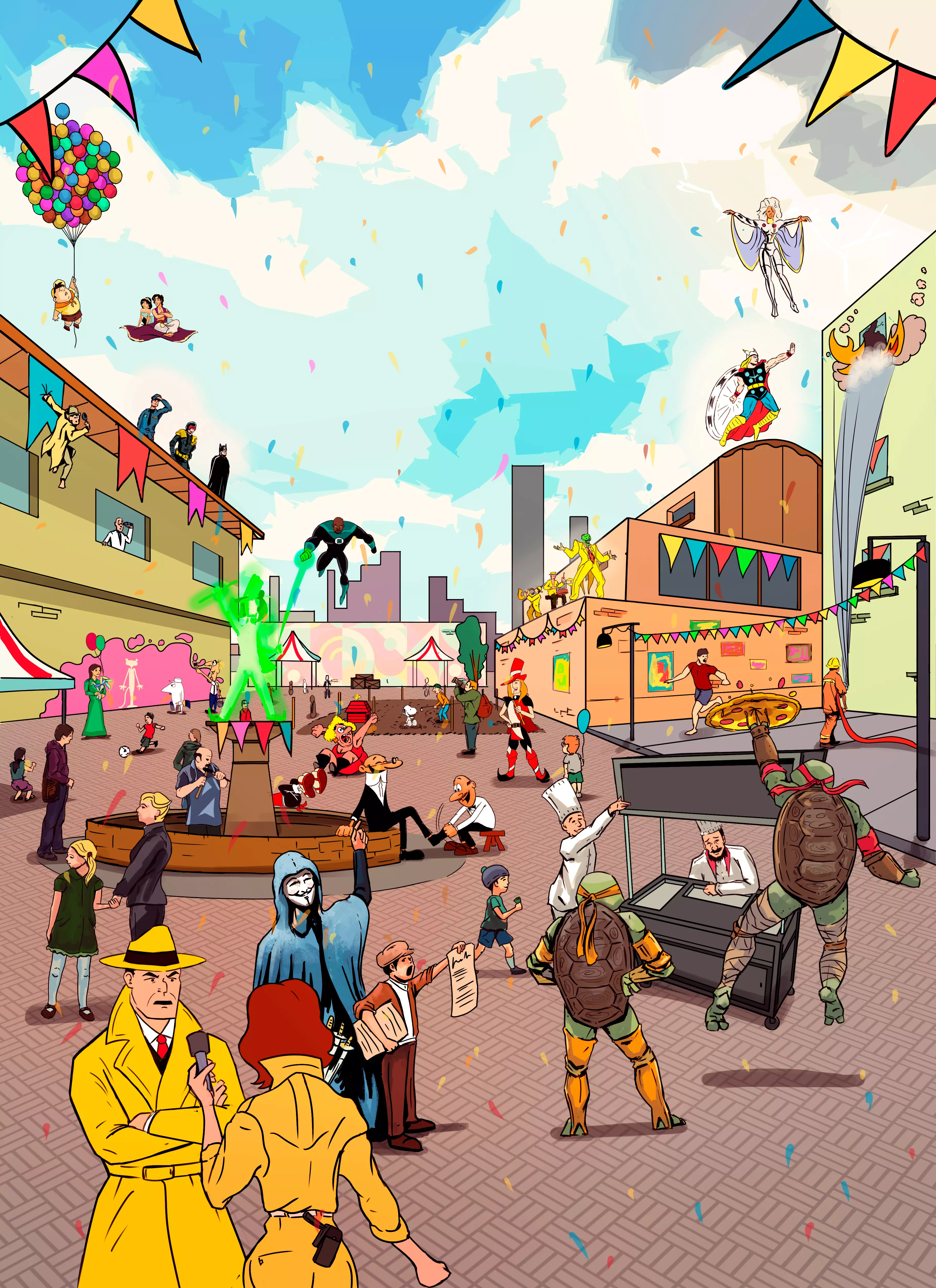 Ilustración colorida de una plaza llena de personajes inspirados en superhéroes y figuras de la cultura popular celebrando entre banderines y edificios de ciudad Ilustración colorida de una plaza llena de personajes inspirados en superhéroes y figuras de la cultura popular celebrando entre banderines y edificios de ciudad