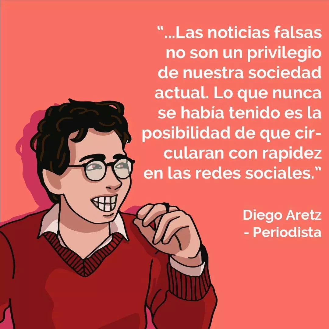 Ilustración de Diego Aretz con gafas y su frase sobre que las noticias falsas no son un privilegio de la sociedad actual sino que ahora pueden circular con rapidez en las redes sociales Ilustración de Diego Aretz con gafas y su frase sobre que las noticias falsas no son un privilegio de la sociedad actual sino que ahora pueden circular con rapidez en las redes sociales