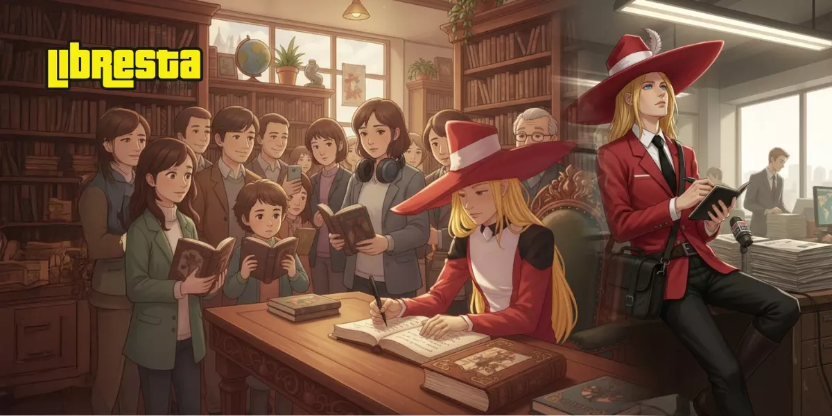 Ilustración de personaje de Libresta El Flautista firmando libros en una biblioteca llena de lectores y tomando notas como cronista literario Ilustración de personaje de Libresta El Flautista firmando libros en una biblioteca llena de lectores y tomando notas como cronista literario