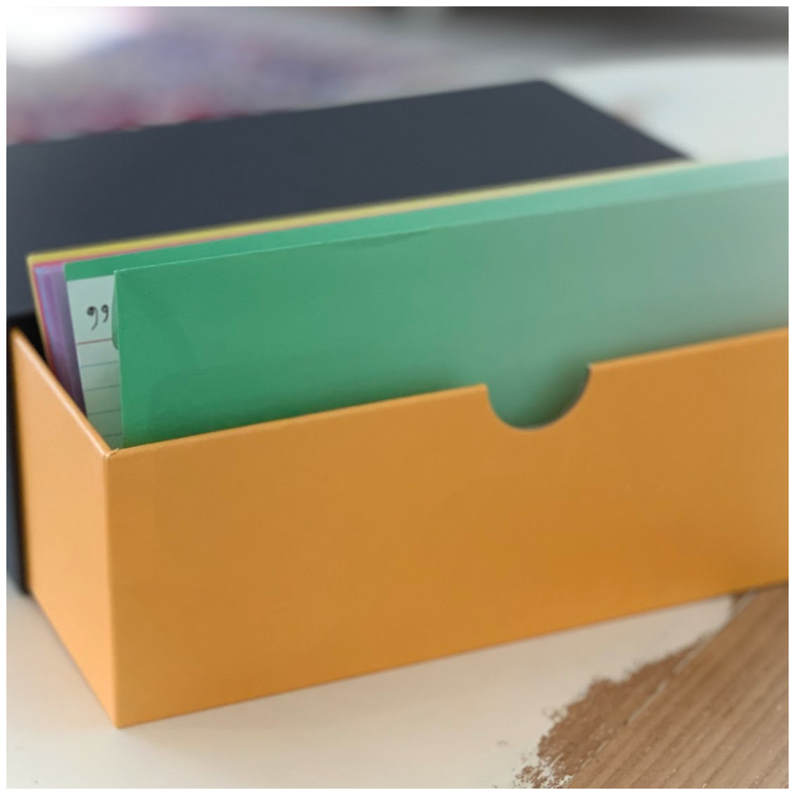 box with envelopes and index cards