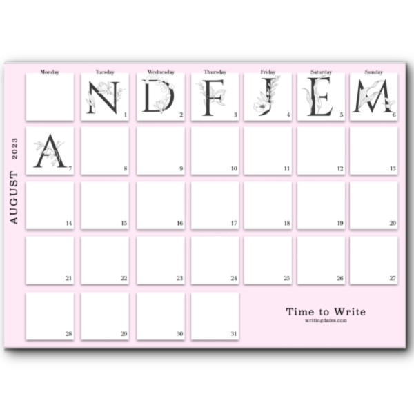 august calendar with letters