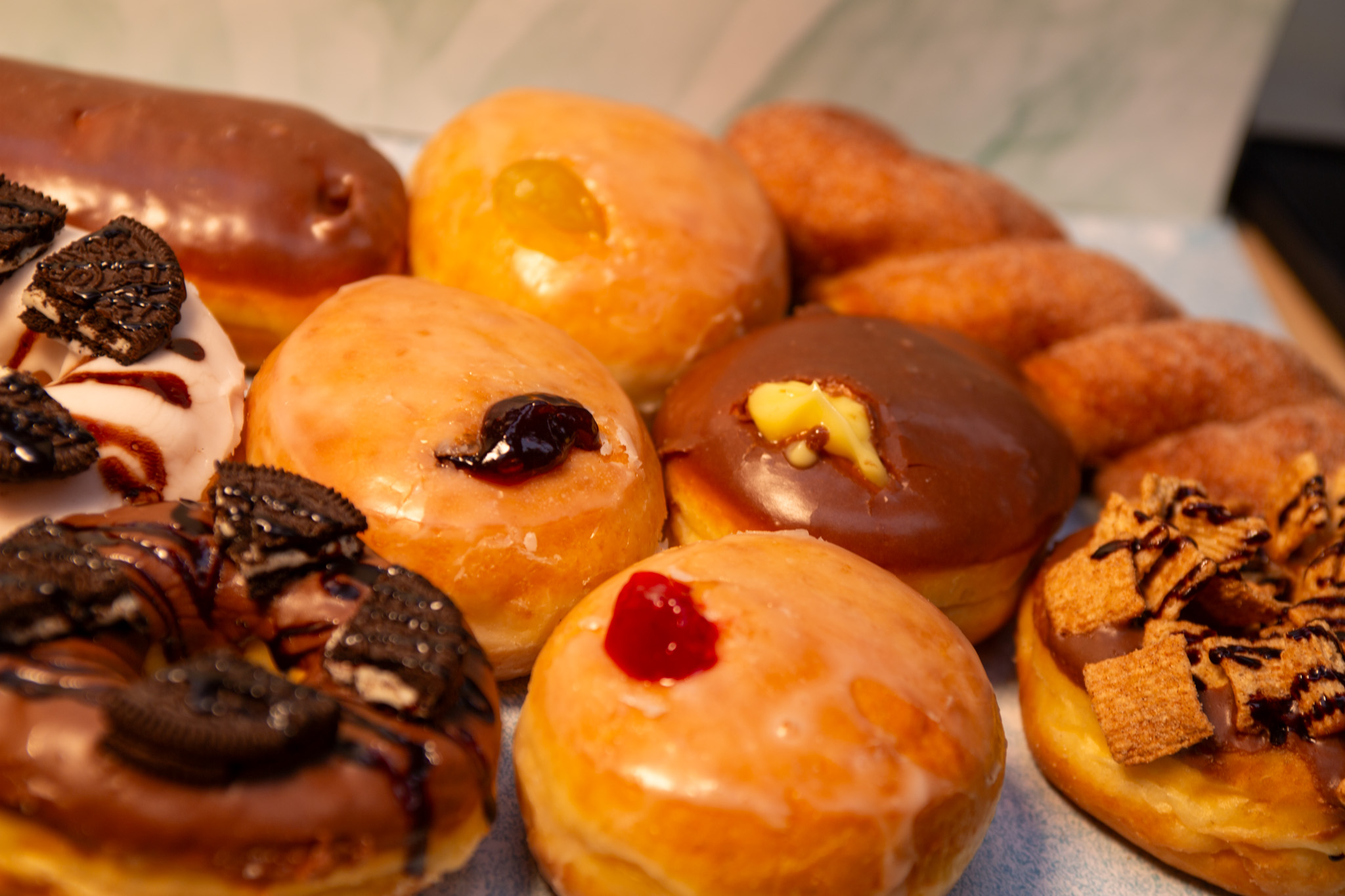 Jelly-filled donuts with powdered sugar