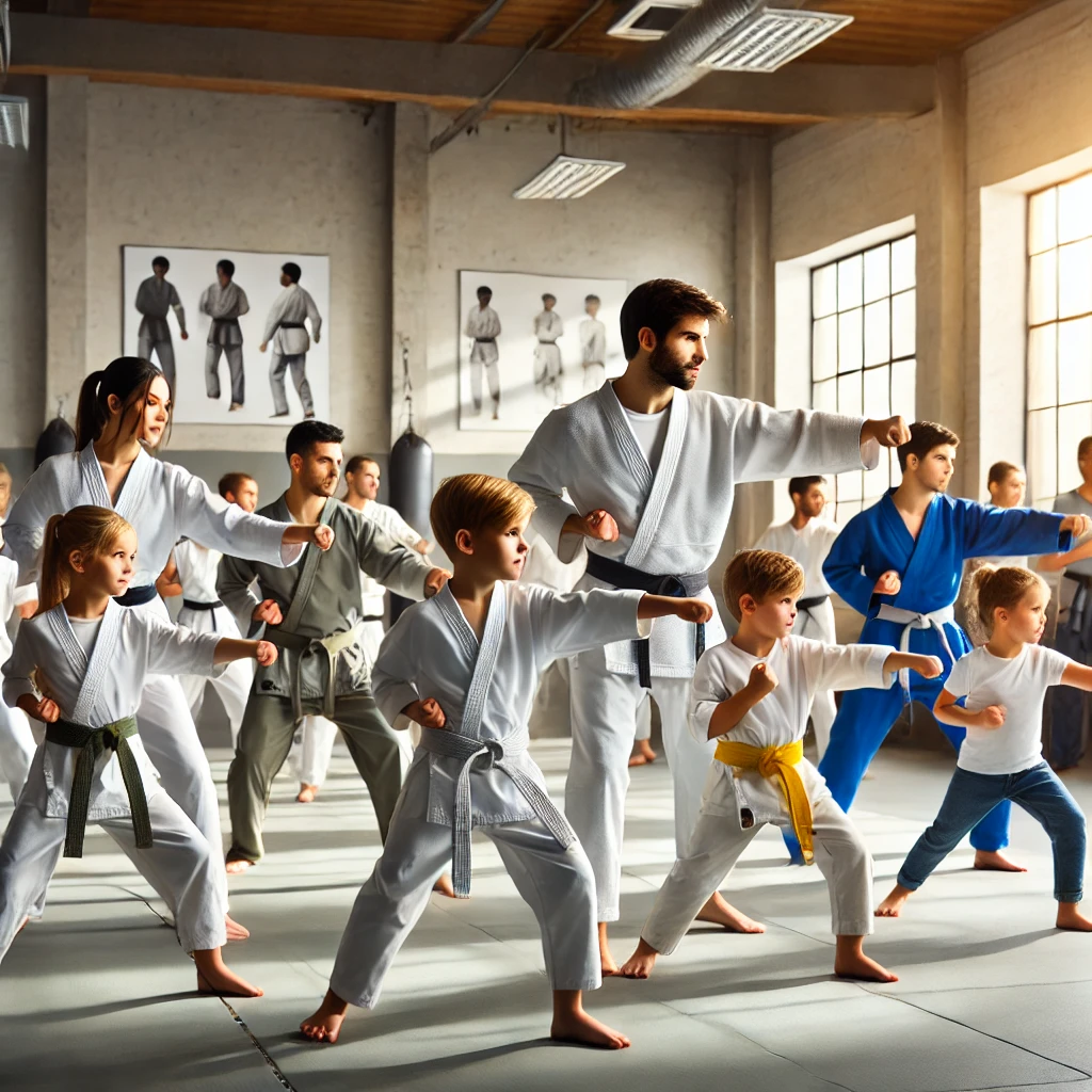 A diverse group of martial arts students of all ages and belt levels practicing stances in a bright, inclusive dojo with a guiding instructor.