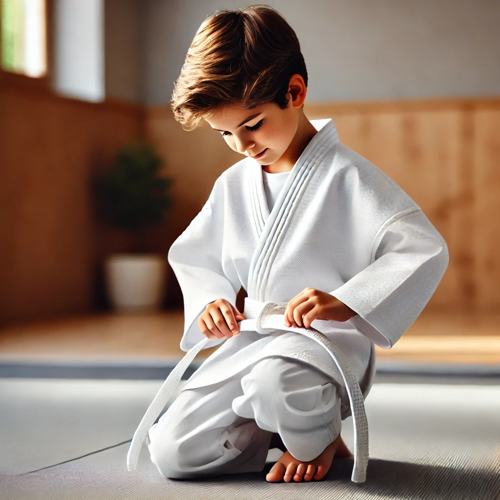 A focused young martial arts student kneels and ties a white belt in a calm, well-lit dojo, symbolizing the start of their journey.