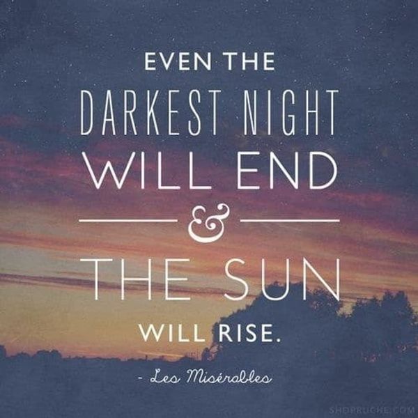 An inspirational quote set against a twilight sky with hues of purple, blue, and a warm glow of orange near the horizon. The quote reads: 'Even the darkest night will end and the sun will rise. - Les Misérables