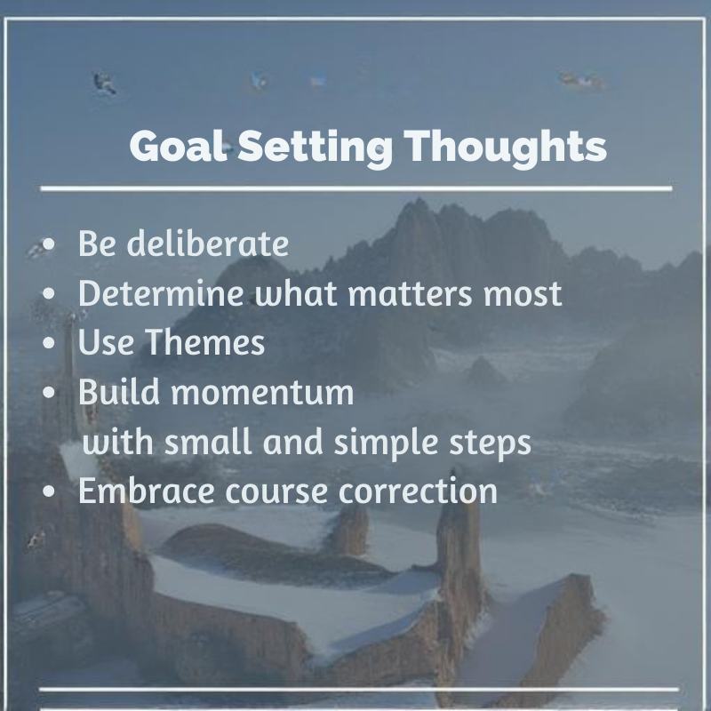 Goal Setting: deliberate, what matters most, themes, small and simple things, embrace course correction
