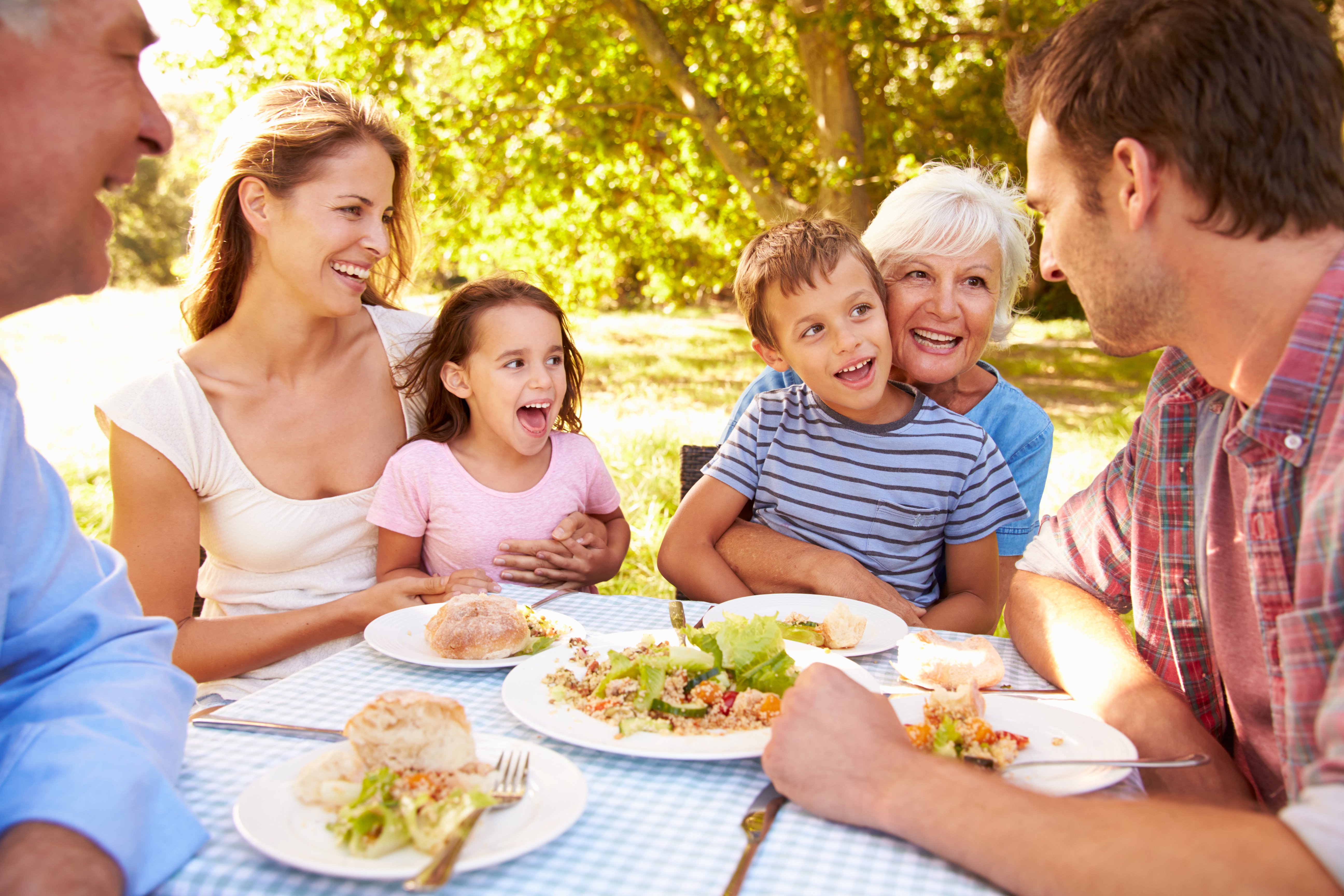 Family enjoying meal in sun