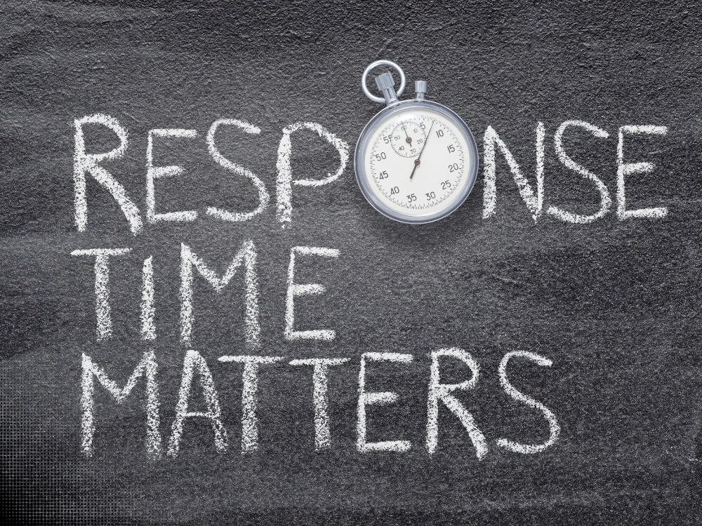 Response time matters message with stopwatch, showing how delayed replies impact home inspection leads.