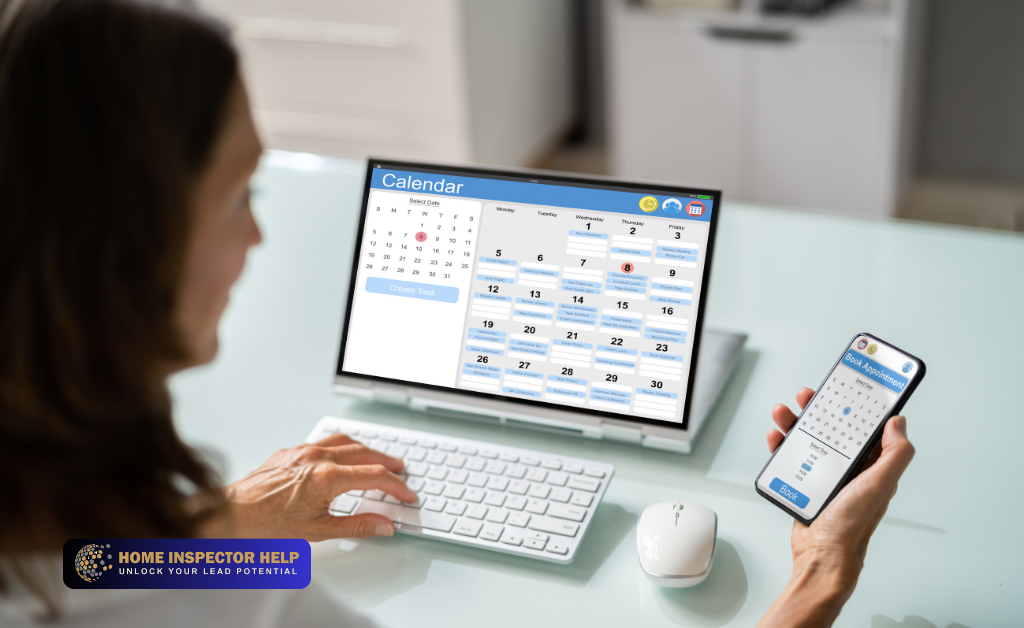 Home inspector managing inspection bookings and schedule on laptop and mobile calendar