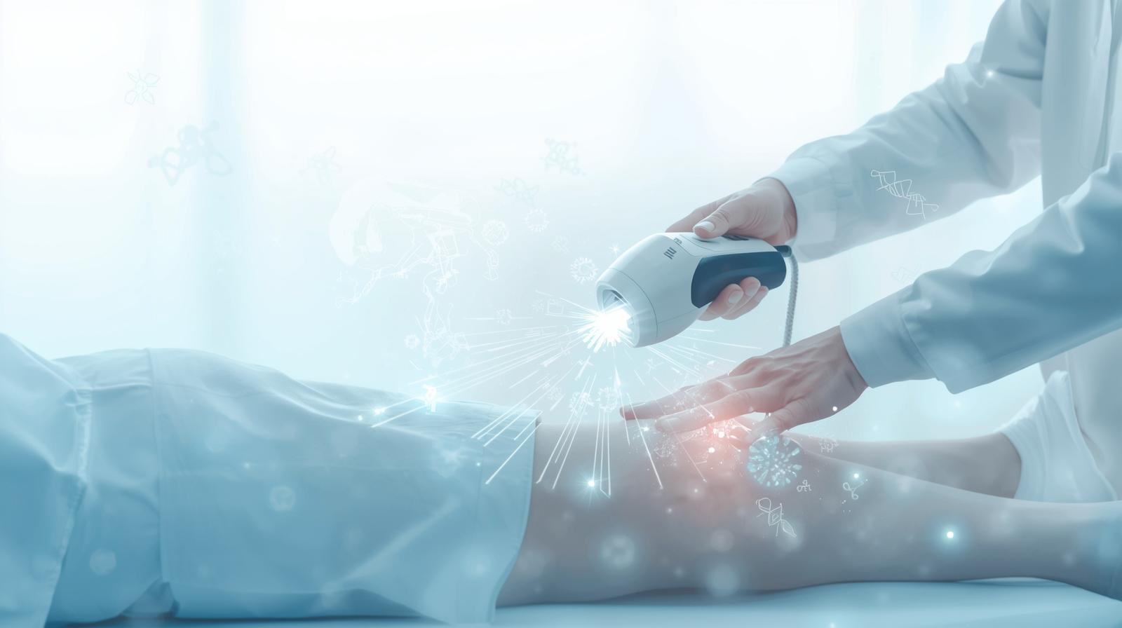 Modern orthopedic concept showing focused shockwave waves targeting a joint, symbolizing regenerative healing and tissue repair for pain relief. Modern orthopedic concept showing focused shockwave waves targeting a joint, symbolizing regenerative healing and tissue repair for pain relief.