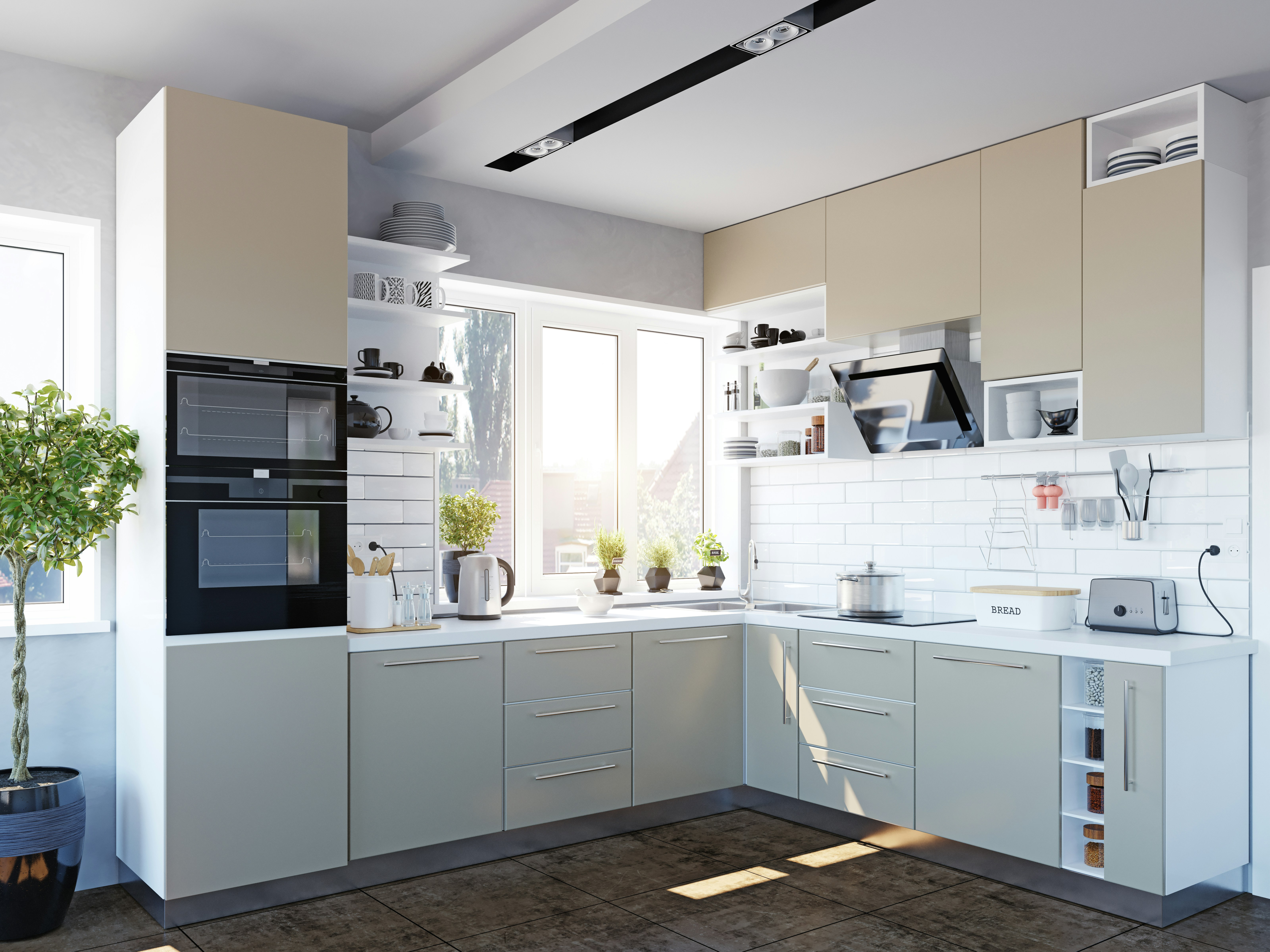 a new kitchen showing vertical storage solutions and stacked appliances a new kitchen showing vertical storage solutions and stacked appliances