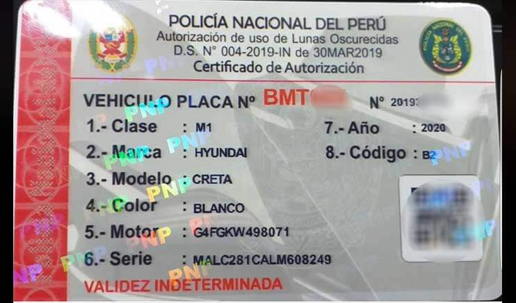 Ejemplo de permiso para lunas polarizadas