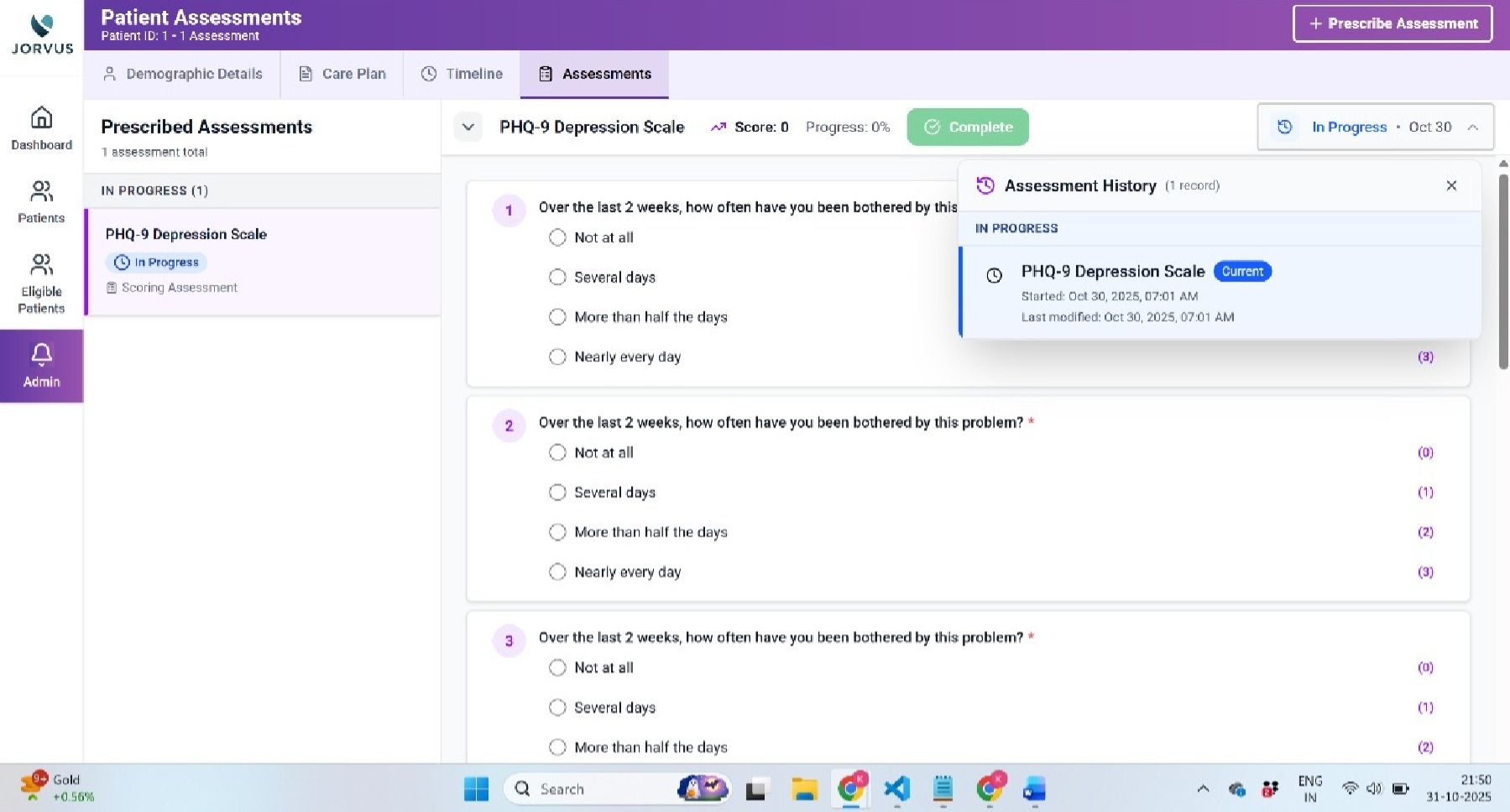 Jorvus EHR Patient Assessments