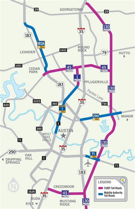 Map showing Round Rock Texas highways including interstate 35, 1, SH 45 and 130, highlighting how Round Rock coneects to Austin and the Central Texas metro area