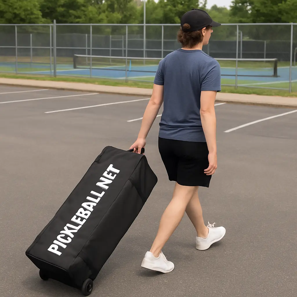 concept image of a player dragging a portable pickleball net concept image of a player dragging a portable pickleball net
