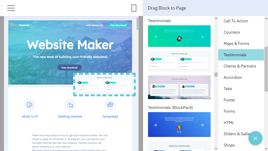 Website maker with drag and drop blocks to page