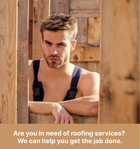 roofing ad presenting handsome roofer working on roofing construction