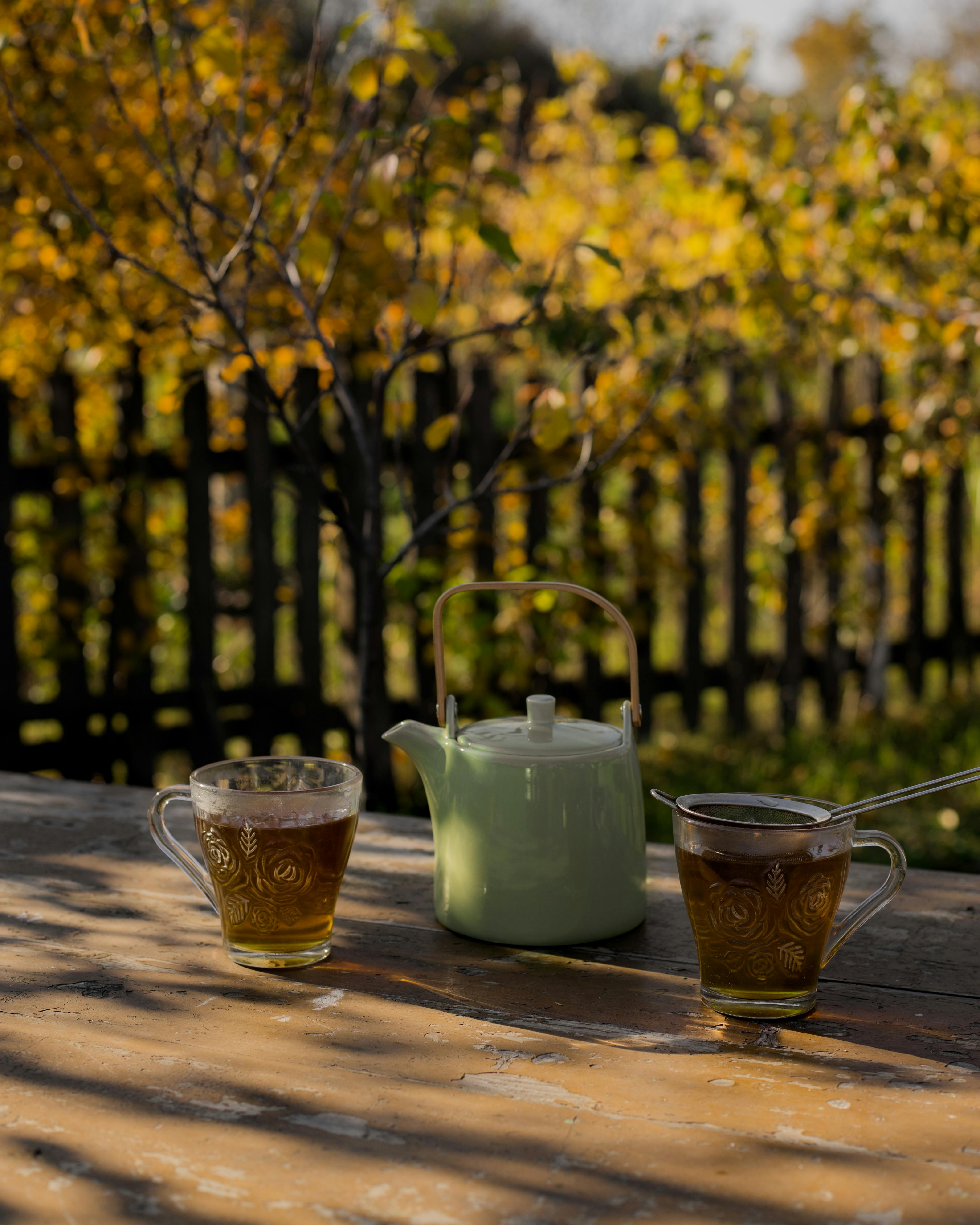 Autumn garden table with a cup of tea, symbolizing September goal setting and seasonal reflection for female entrepreneurs.