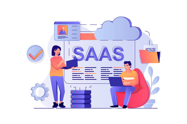 Two animated people using SAAS Two animated people using SAAS