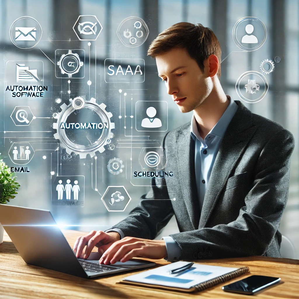 A man in suit using automation software for efficiency. A man in suit using automation software for efficiency.