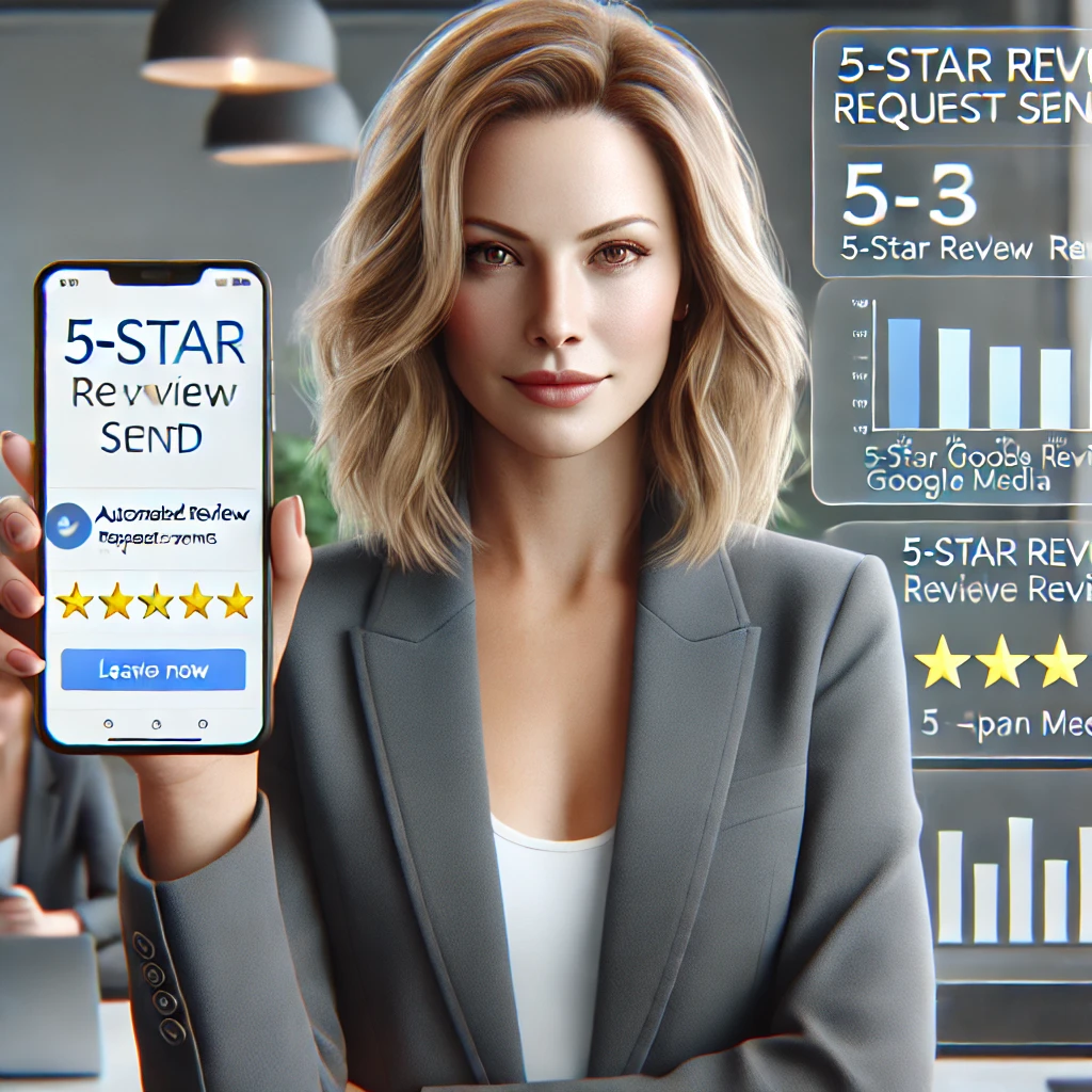 A business woman at Taipan Media holding up phone showing a 5 star review A business woman at Taipan Media holding up phone showing a 5 star review