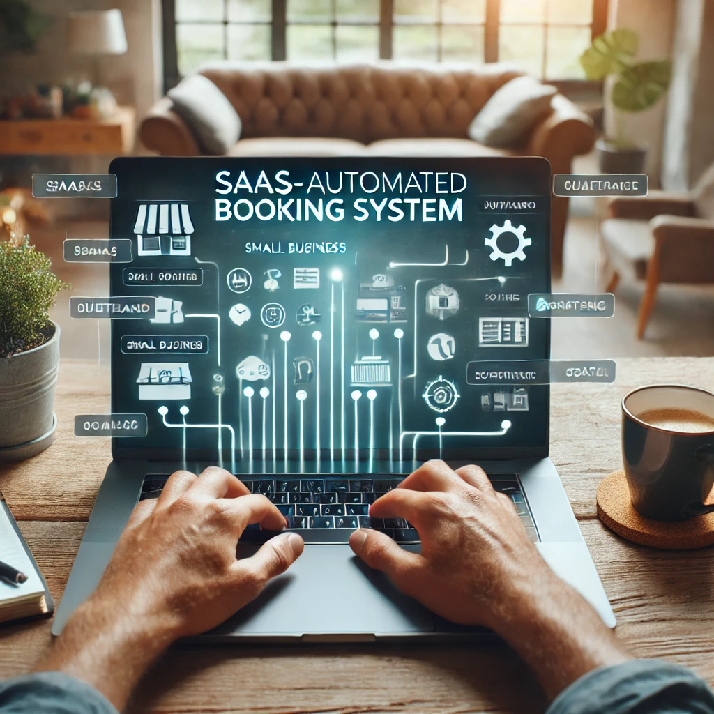 A laptop screen displaying an automated booking system, with a small business owner looking at it in a cozy home office setup. A laptop screen displaying an automated booking system, with a small business owner looking at it in a cozy home office setup.