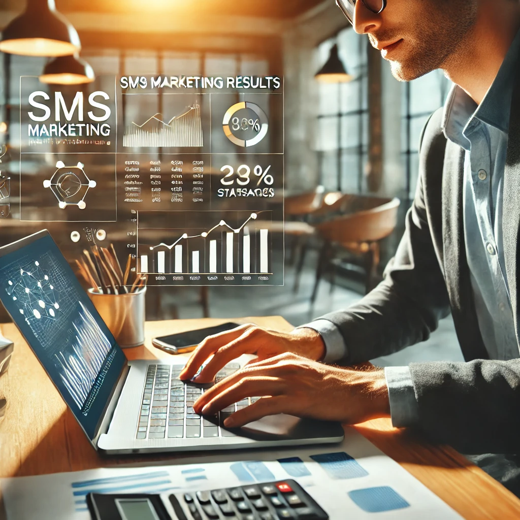 A businessman analyzes SMS marketing results on a laptop, with futuristic digital charts and analytics overlaying the screen, highlighting campaign performance and engagement. A businessman analyzes SMS marketing results on a laptop, with futuristic digital charts and analytics overlaying the screen, highlighting campaign performance and engagement.