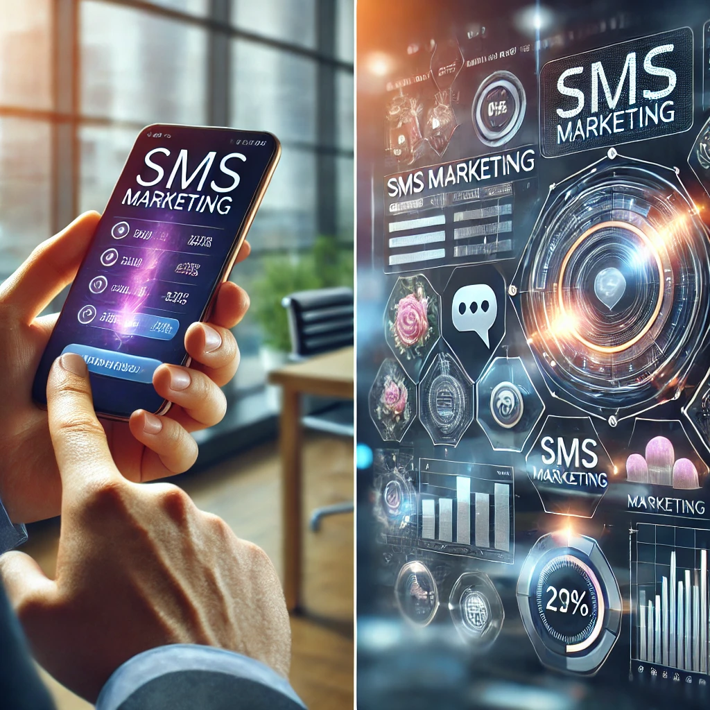A close-up of a hand using a smartphone for SMS marketing, alongside a futuristic digital display with analytics, charts, and marketing icons, showcasing the power of SMS campaigns.