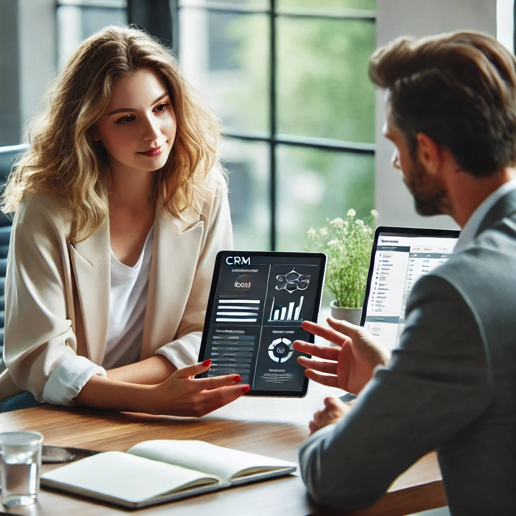 Caroline Douthwaite discussing a customized CRM solution with a business owner. Caroline Douthwaite discussing a customized CRM solution with a business owner.