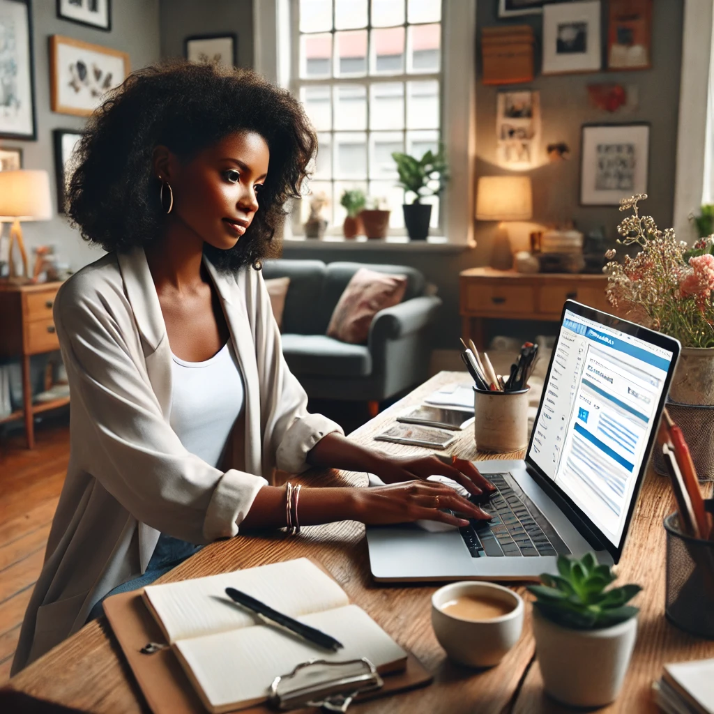 A small business owner working in her cozy home office A small business owner working in her cozy home office