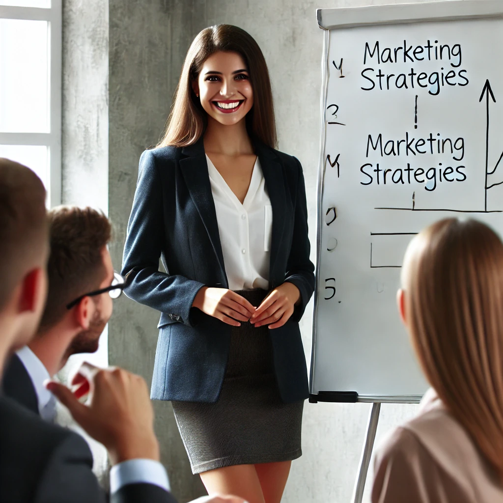 Business woman explaining to a group of collogues her marketing plan. Business woman explaining to a group of collogues her marketing plan.