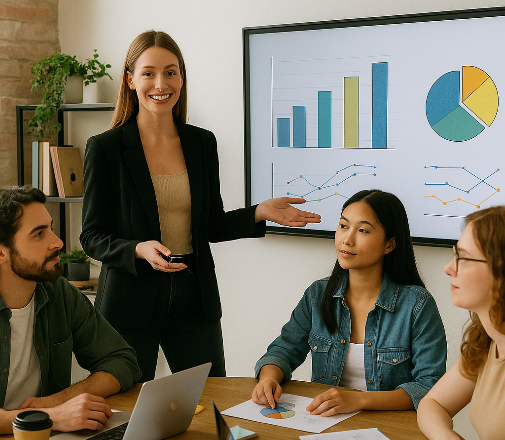 Professional woman presenting marketing data to design team in a modern office. Professional woman presenting marketing data to design team in a modern office.