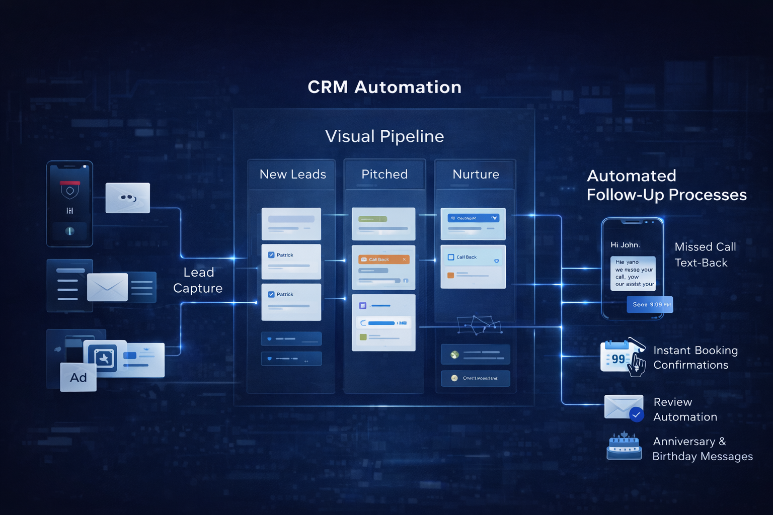Always-on marketing system with inbound SEO, outbound campaigns, and CRM reactivation feeding leads into CRM